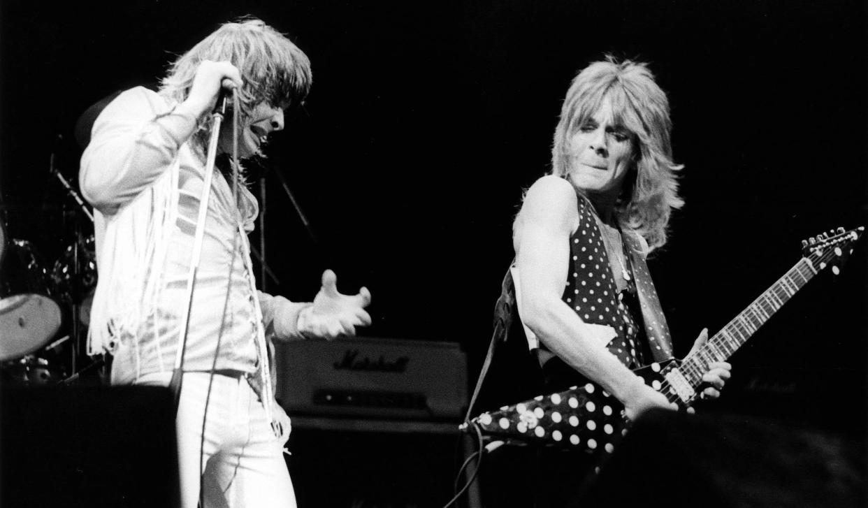  Ozzy Osbourne (left) and Randy Rhoads perform onstage at the Gaumont Theatre. 