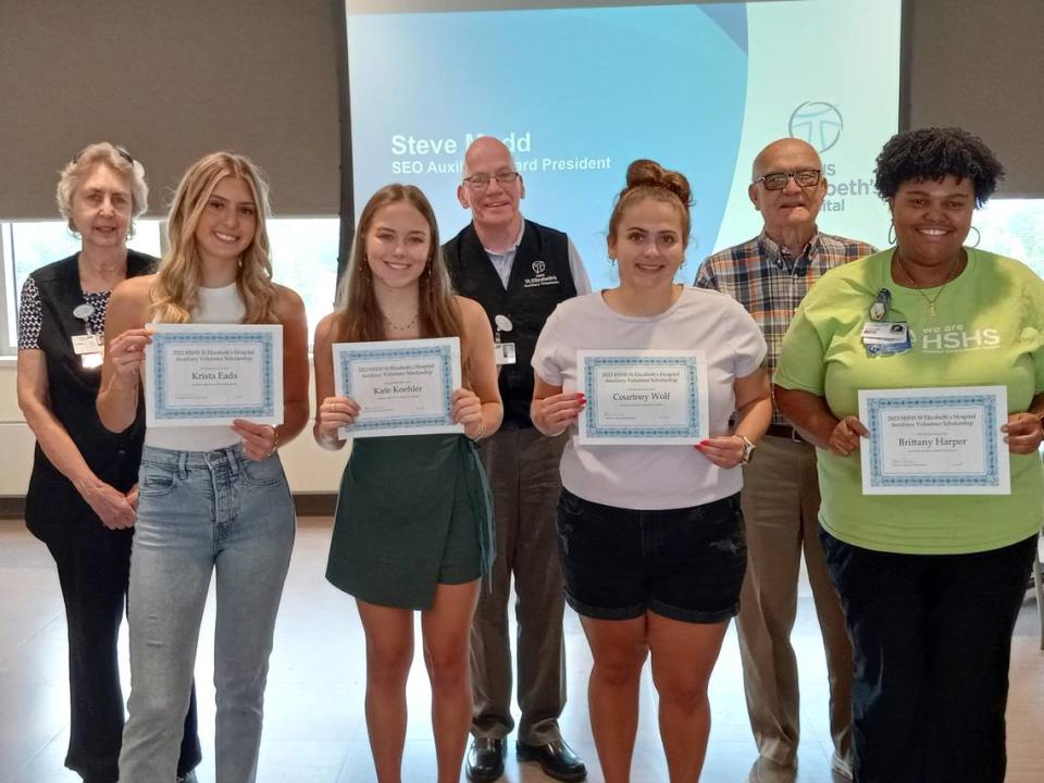 HSHS St. Elizabeth’s Hospital Auxiliary Volunteers announce the recipients of the 2023 HSHS St. Elizabeth’s Auxiliary Volunteer Scholarships. Back Row: Kathleen Mongiovi, Auxiliary Volunteer Board secretary; Steve Mudd, Auxiliary Volunteer Board president; and Mel Weck, Auxiliary Volunteer Board vice-president. Front Row: Scholarship award winners Krista Eads, Kate Koehler, Courtney Wolf and Brittany Harper. Not pictured: Scholarship award winner Lani Culley.