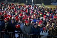 Supporters wait outside the airport before President Donald Trump speaks at a campaign rally Friday, Oct. 30, 2020, in Rochester, Minn. (AP Photo/Bruce Kluckhohn)