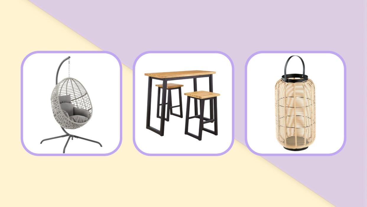  Ashley Furniture sale items including an egg chair, a metal and wood dining set, and a rattan lantern on a purple and yellow background. 