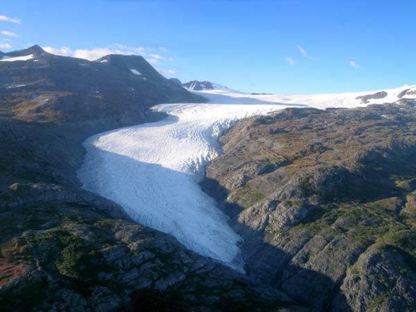 The Wolverine Glacier, near Alaska's south-central coastline, in a photograph from Sept. 2003. A new study determined the total volume of ice tied up in the glaciers worldwide.