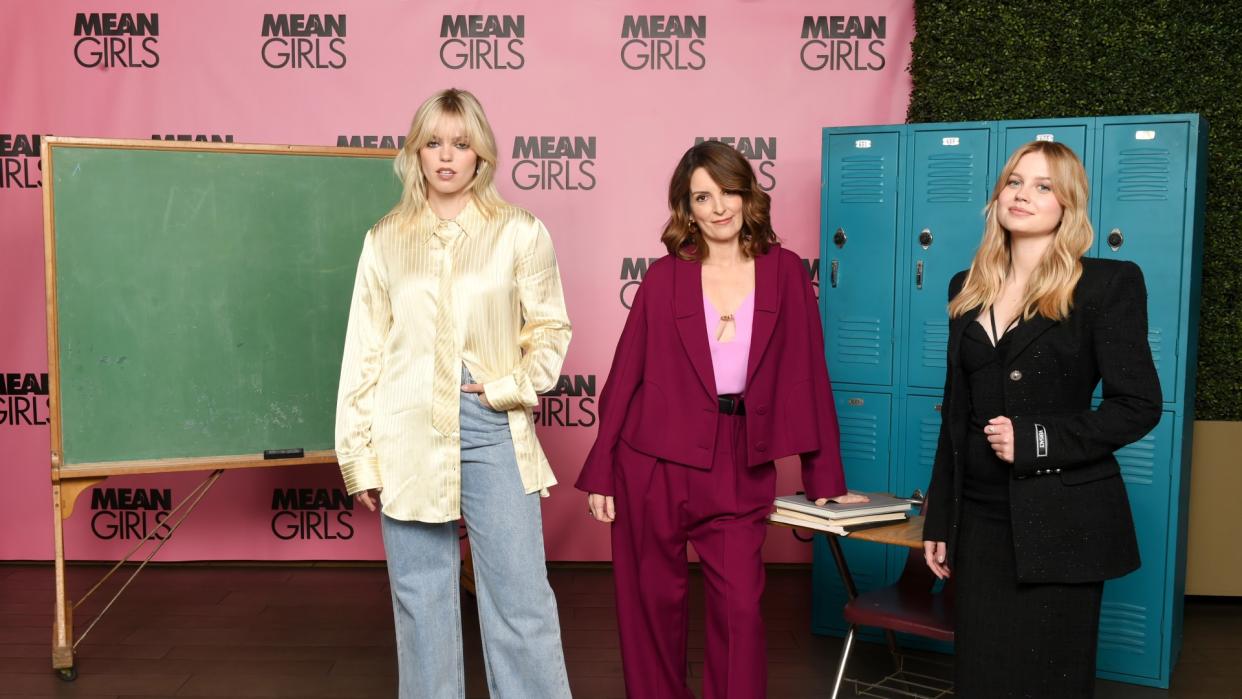  Renee Rapp, Tina Fey, and Angourie Rice attend a "Mean Girls" photocall at the Four Seasons Hotel Los Angeles. 