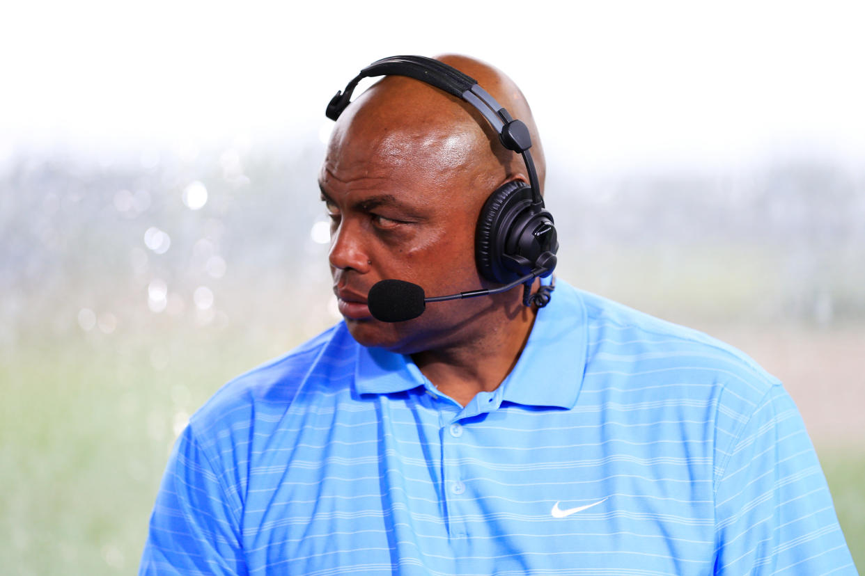 HOBE SOUND, FLORIDA - MAY 24: Charles Barkley commentates from the booth during The Match: Champions For Charity at Medalist Golf Club on May 24, 2020 in Hobe Sound, Florida. (Photo by Cliff Hawkins/Getty Images for The Match)