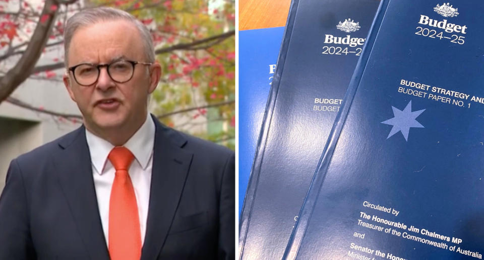 Prime Minister Anthony Albanese next to 2024-25 budget