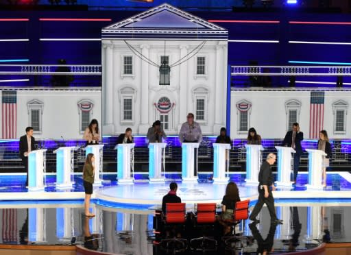 The stage is prepared for the first Democratic primary debate of the 2020 presidential campaign season hosted by NBC News at the Adrienne Arsht Center for the Performing Arts in Miami, Florida, June 26, 2019