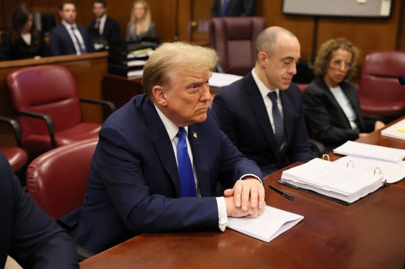 Seven jurors were sworn in Tuesday for the criminal trial over Donald Trump's alleged hush-money payments of $130,000 made in 2016. But two of them were excused Thursday as jury selection continued. Pool Photo by Brendan McDermid/UPI