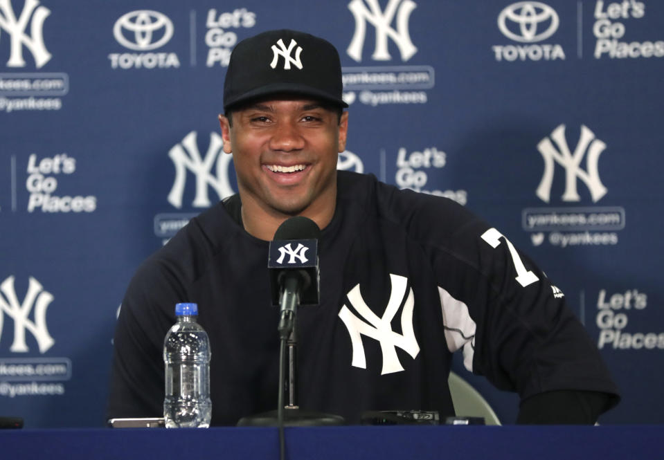 Russell Wilson is spending almost a week with the Yankees at spring training, fulfilling a lifelong dream. (AP Photo)