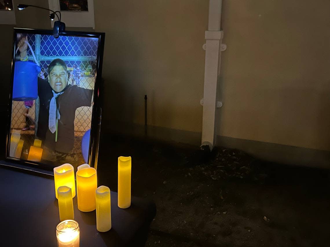 A photo of Zechariah Trevino is displayed Monday, Jan. 23, 2023, at a prayer vigil after the Paschal High School student was fatally shot outside a Whataburger restaurant near the school.
