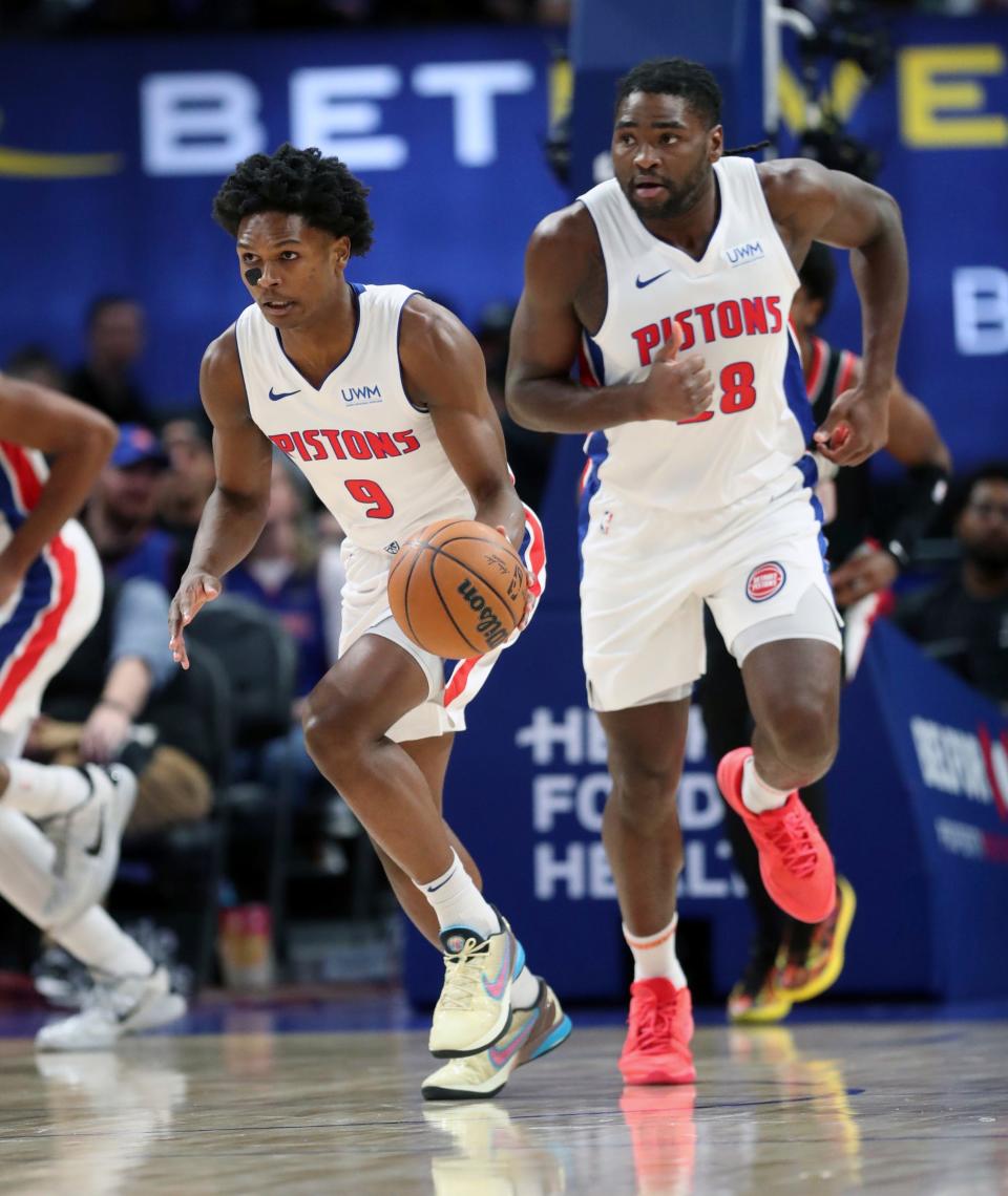 Detroit Pistons forward Ausar Thompson (9) and center Isaiah Stewart (28) run up court during action against then Portland Trail Blazers during first-quarter action at Little Caesars Arena in Detroit on Wednesday, Nov. 1, 2023.