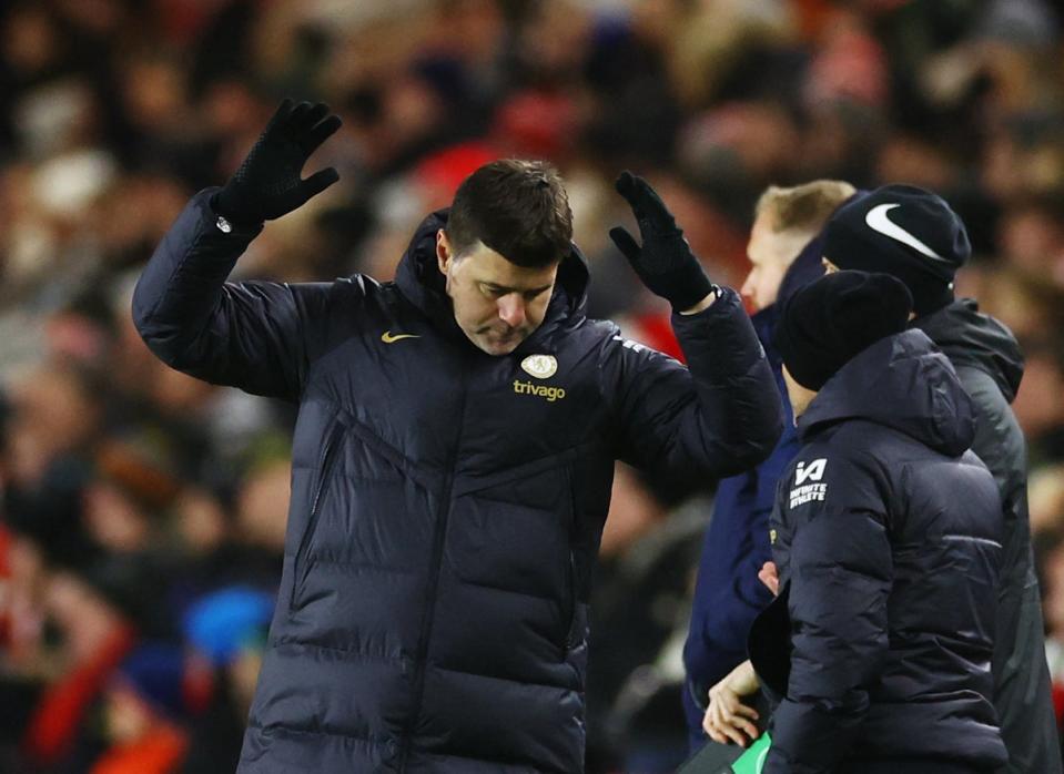 Mauricio Pochettino reacts during his side’s defeat at the Riverside (Reuters)