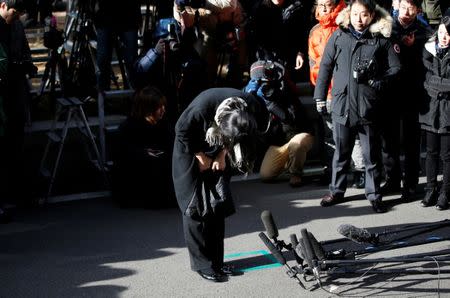 FILE PHOTO: Cho Hyun-ah, also known as Heather Cho, daughter of chairman of Korean Air Lines, Cho Yang-ho, bows in front of the media at the Seoul Western District Prosecutor's Office in Seoul December 17, 2014. REUTERS/Kim Hong-Ji/File Photo
