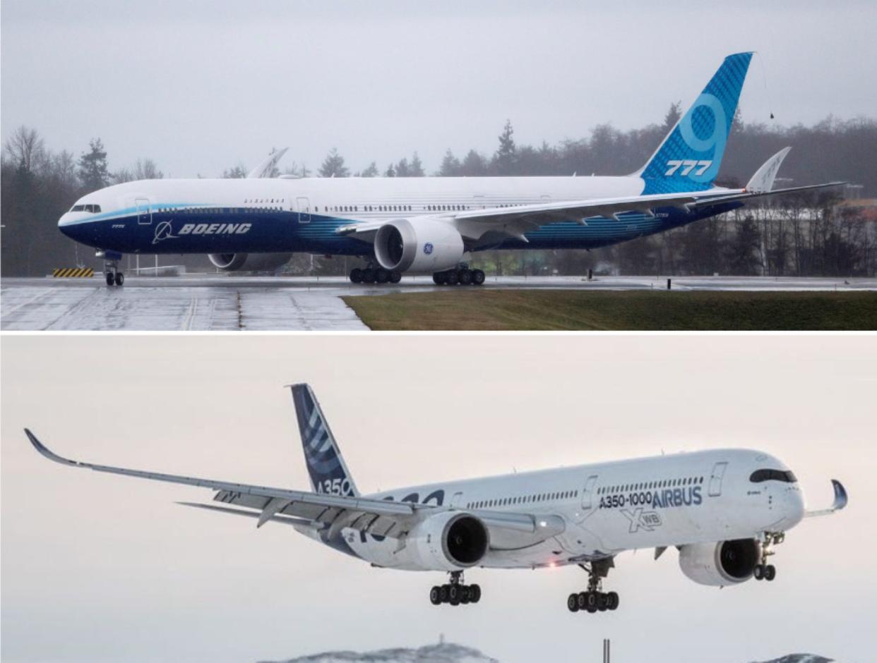 Taxiing Boeing 777X stitched with a flying Airbus A350.