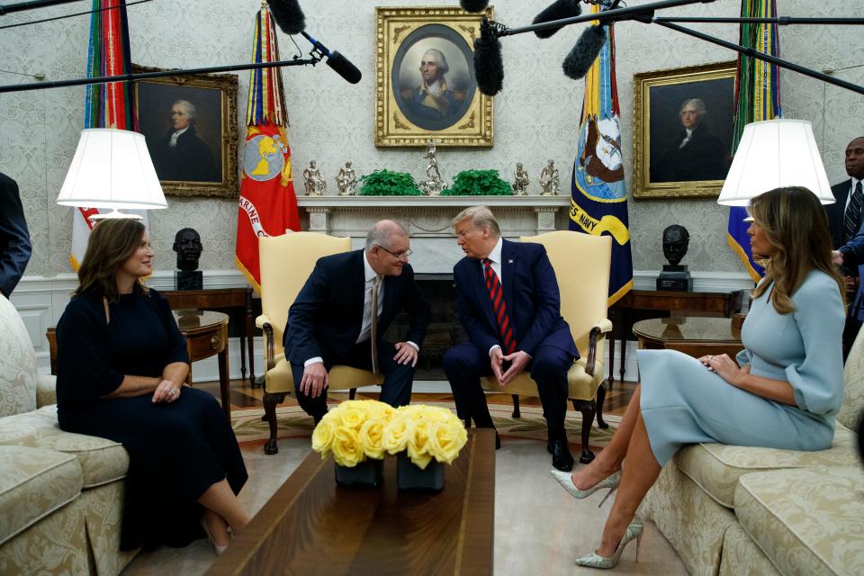 President Donald Trump and first lady Melania Trump meet with Australian Prime Minister Scott Morrison and his wife Jenny Morrison in the Oval Office of the White House, Friday, Sept. 20, 2019, Washington.