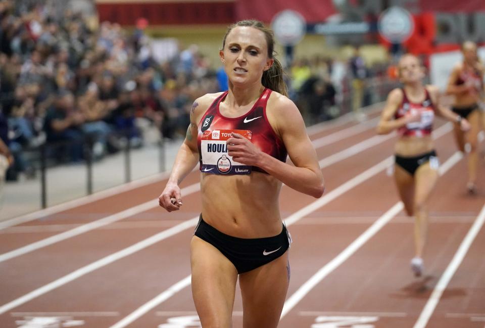 Shelby Houlihan wins the women's 3,000-meter race in 8:52.03 during the USATF Indoor Championships at Albuquerque Convention Center on Feb. 14, 2020.