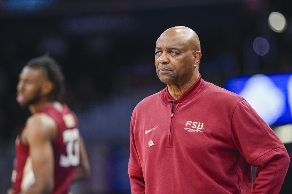 FILE - Florida State head coach Leonard Hamilton watches his team during the second half of the Atlantic Coast Conference second round NCAA college basketball tournament game against Virginia Tech, Wednesday, March 13, 2024, in Washington. Black coaches in the top six men's college basketball leagues are still facing a tough climb in going from assistant to the head job. (AP Photo/Nick Wass, File)