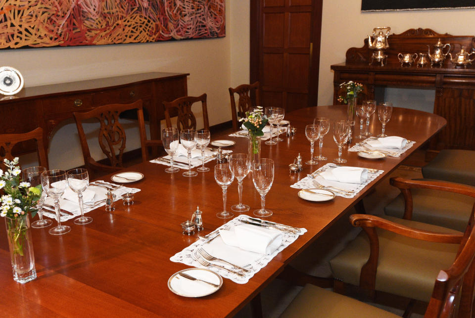 The dining room at The Lodge in Canberra on Monday, Jan. 25, 2016. The historic home has been vacant since 2013 and has undergone extensive renovations to replace the slate roof, rusty plumbing, wiring, and to remove asbestos. (AAP Image/Mick Tsikas) NO ARCHIVING