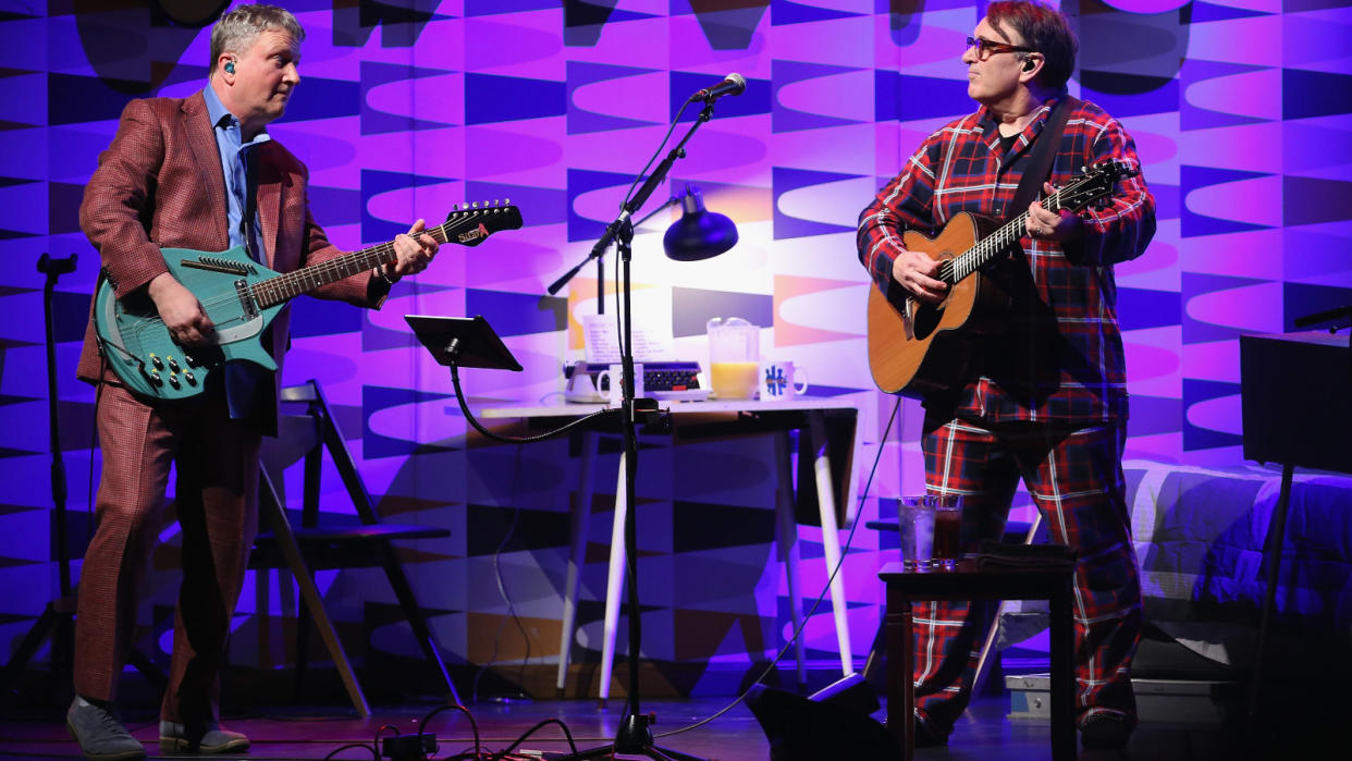  Glenn Tilbrook andChris Difford of Squeeze perform "The At Odds Couple" acoustic show at the MAYO Performing Arts Center on December 14, 2015 in Morristown, New Jersey.  