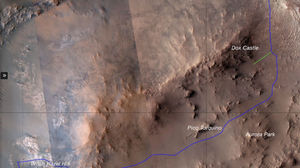 A map shows the route Perseverance will take (in blue) as it climbs the western rim of Jezero Crater, first reaching “Dox Castle,” then investigating the “Pico Turquino” area before approaching “Witch Hazel Hill." - NASA/JPL-Caltech/University of Arizona