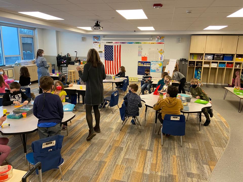 A first grade class in a renovated classroom at Douglas Elementary School.