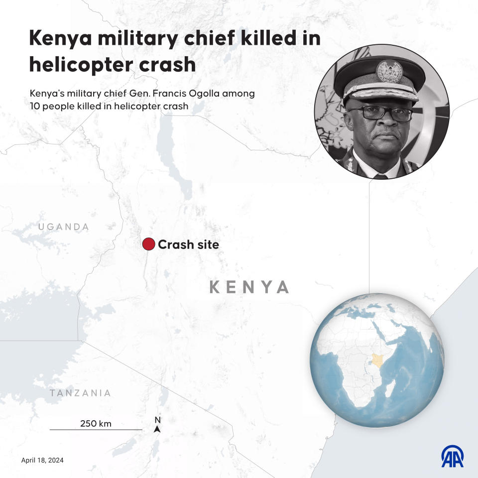 An infographic created on April 18, 2024. Kenya's military chief Gen. Francis Ogolla was among 10 people killed in a helicopter crash. / Credit: Yasin Demirci/Anadolu via Getty Images