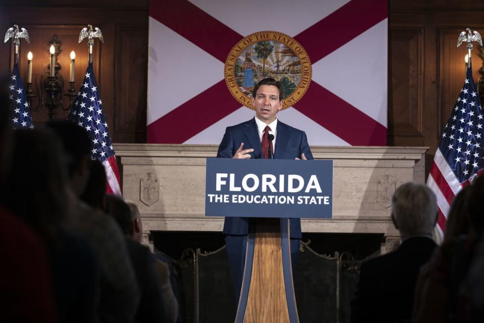 <div class="inline-image__caption"><p>Florida Governor Ron DeSantis speaks after signing three education bills on the campus of New College of Florida in Sarasota, Fla. on May 15, 2023.</p></div> <div class="inline-image__credit">Thomas Simonetti for The Washington Post via Getty Images</div>