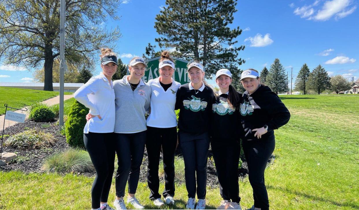 The Woodward-Granger girls golf team poses for a photo after placing third during the conference meet on Monday, April 29, 2024, in Pleasantville.