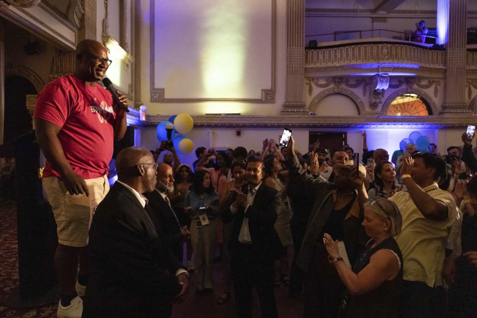 Rep. Jamaal Bowman, D-N.Y. speaks during an election night watch party on Tuesday, June 25, 2024, in Yonkers, N.Y. (AP Photo/Yuki Iwamura)