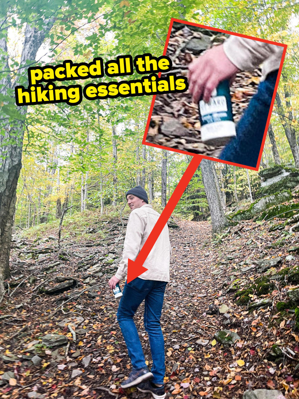 Person hiking in the woods with text "packed all the hiking essentials" and an arrow pointing to the can of Upward Brewing beer they're holding