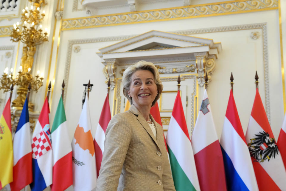 FILE - European Commission President Ursula von der Leyen arrives for a round table meeting at an EU Summit in Prague, Czech Republic, on Oct 7, 2022. European leaders are turning to Africa for more natural gas as the EU tries to replace Russian exports amid the war in Ukraine. (AP Photo/Petr David Josek, File)