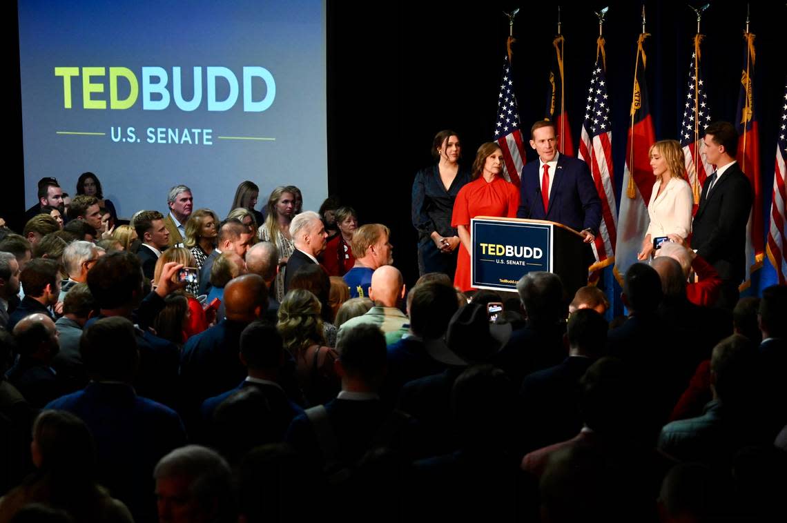 Rep. Ted Budd speaks to supporters following his victory for the U.S. Senate over Cheri Beasley on Tuesday, November 8, 2022 Jeff Siner/jsiner@charlotteobserver.com