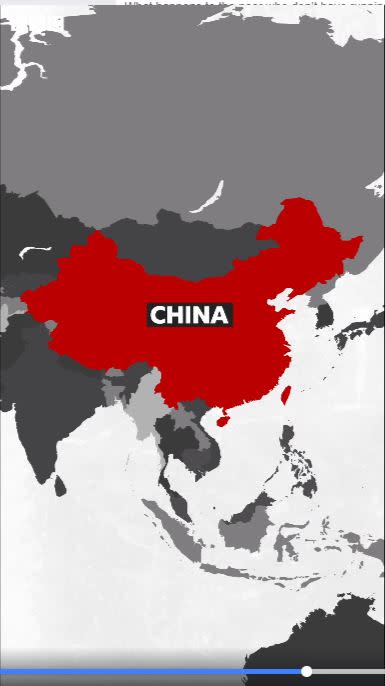 BBC報導：How the world is battling Covid-19，將台灣劃成中國的一部分（圖／翻攝自BBC臉書）