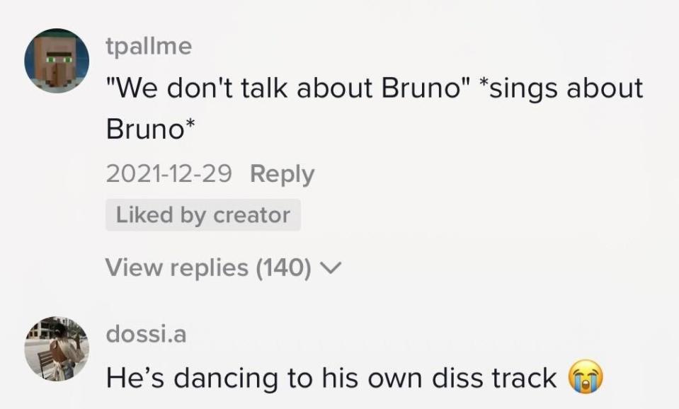 "He's dancing to his own diss track" and "We don't talk about Bruno" *sings about Bruno*