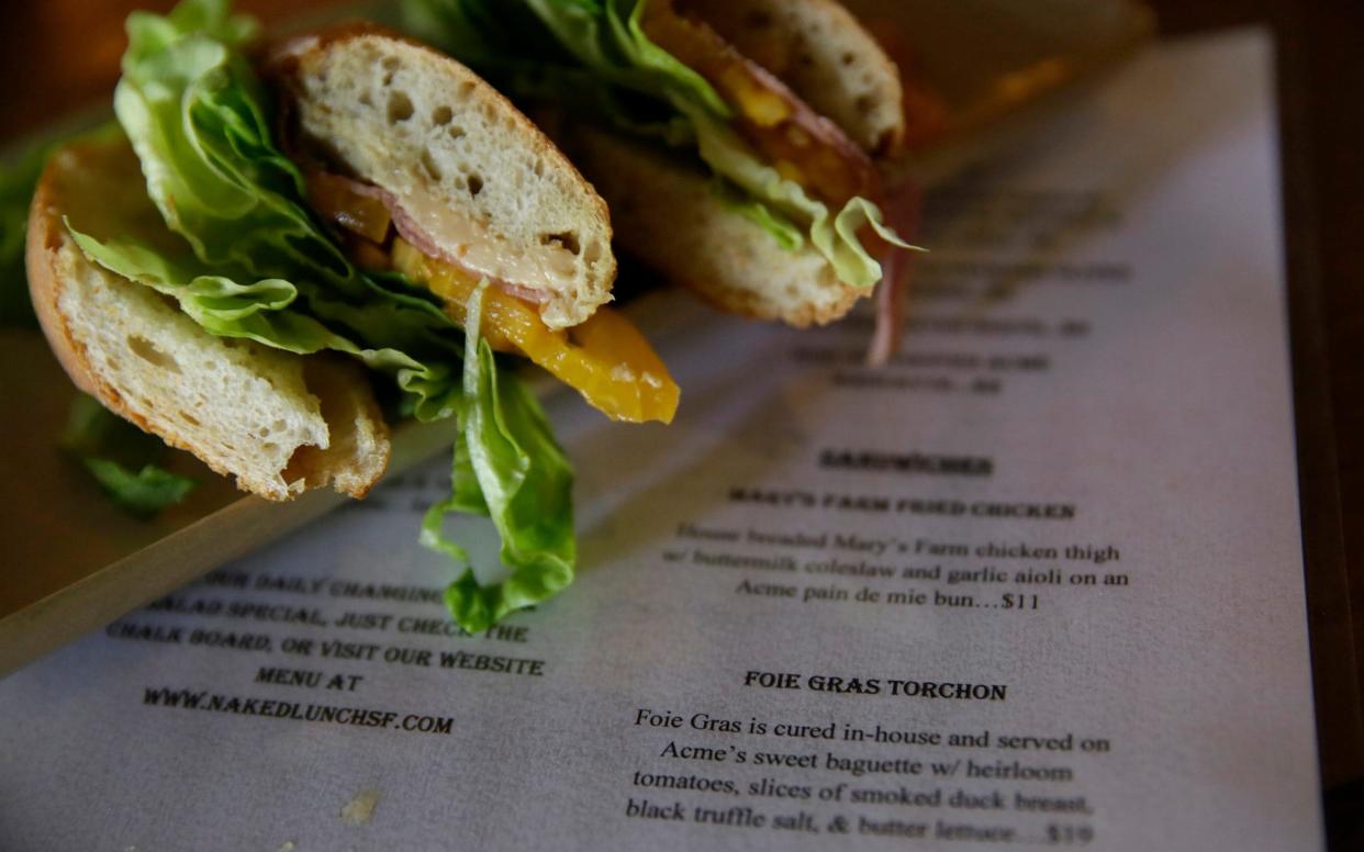 A Foie Gras Torchon sandwich is seen at the Naked Lunch restaurant Friday,  - AP