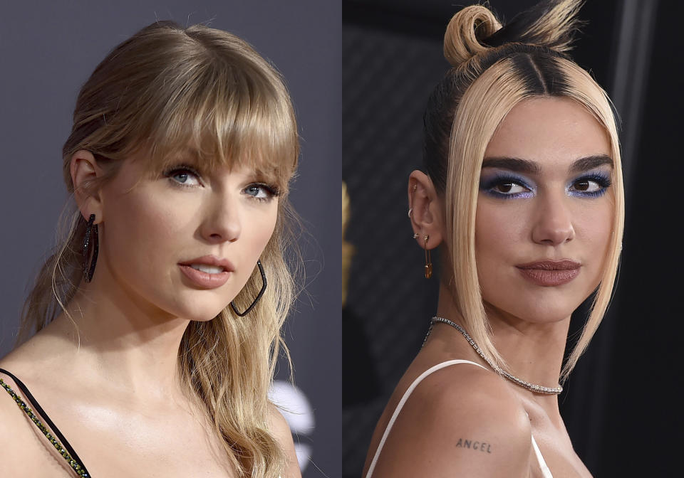 En esta combinación de fotos, Taylor Swift en los American Music Awards el 24 de noviembre de 2019 en Los Angeles, a la izquierda, y Dua Lipa en la ceremonia de los premios Grammy en Los Angeles el 26 de enero de 2020. Swift, Dua Lipa y Roddy Ricch recibieron seis nominaciones al Grammy cada uno el martes 24 de noviembre del 2020. (AP Foto)