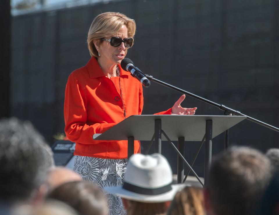 Current University of the Pacific athletic director Janet Lucas speaks at the dedication ceremony for the new Amos Alonzo Stagg Memorial Football Plaza on the UOP campus in Stockton. 