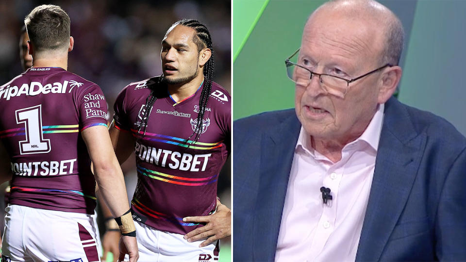 Pictured right, Phil Rothfield discusses the Manly pride jersey saga on NRL 360.