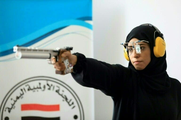 Yemeni air pistol shooter Yasameen al-Raimi trains ahead of the Paris Olympics in Sanaa on July 2, 2024 (MOHAMMED HUWAIS)