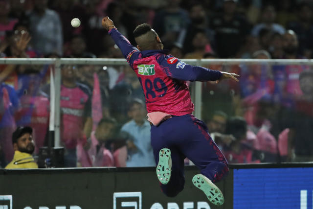Rajasthan Royals' Shimron Hetmyer tries to catch a ball at the boundary during the Indian Premier League cricket match between Rajasthan Royals and Sunrisers Hyderabad in Jaipur, India, Sunday, May 7, 2023. (AP Photo/Surjeet Yadav)