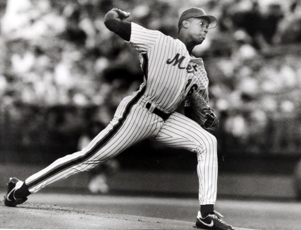 Mets ace Dwight Gooden fires a fastball in as the Mets play the Chicago Cubs on Friday, Aug. 2, 1991 at Shea Stadium in Flushing, New York.