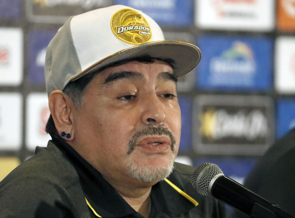 Former soccer great Diego Maradona speaks at a press conference where he was presented as the new manager of the Dorados of Sinaloa, in Culiacan, Mexico, Monday, Sept. 10, 2018. Maradona, whose public battles with cocaine made him soccer's poster child for the perils of substance abuse, is setting up camp in Mexico's drug cartel heartland as the new coach of a second-tier team. (AP Photo/Marco Ugarte)