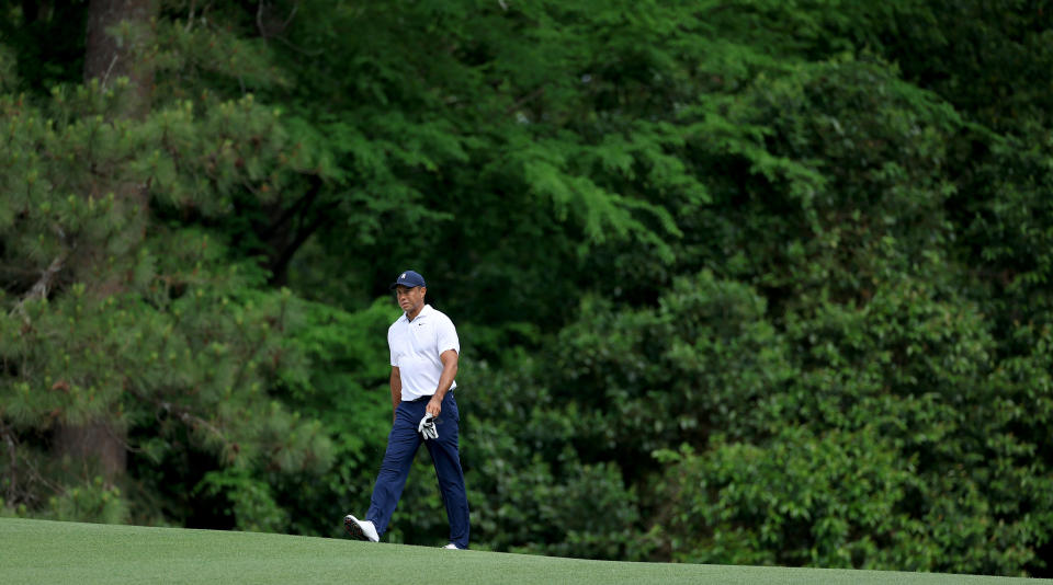 Tiger Woods at the 87th Masters on Day 1 of the tournament, walking the golf course