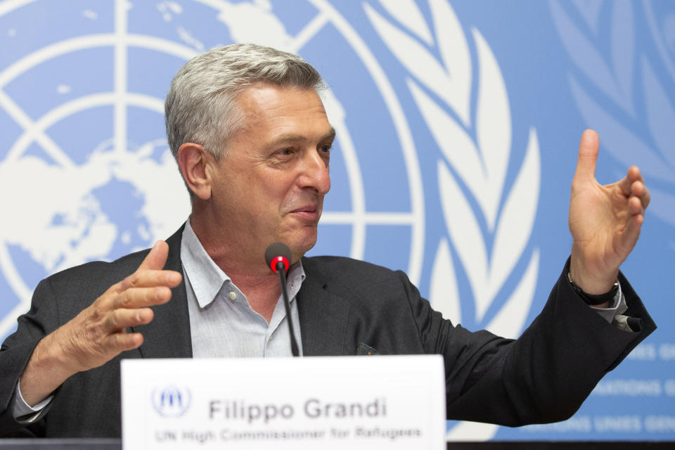 In this Tuesday, June 16, 2020, photo, Italian Filippo Grandi, U.N. High Commissioner for Refugees, speaks to the media about the UNHCR's annual Global Trends Report on Forced Displacement, during a press conference at the European headquarters of the United Nations in Geneva, Switzerland. Grandi says he’s “very worried” about the impact of the new coronavirus in Latin America, where millions of Venezuelans have fled upheaval at home and could face hardship among lockdowns and other restrictive measures to fight the pandemic. (Salvatore Di Nolfi/Keystone via AP)