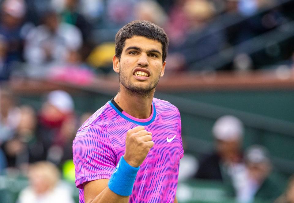 Carlos Alcaraz celebrates a point over Alexander Zverev during the quarterfinals of BNP Paribas Open in Indian Wells, Calif., Thursday, March 14, 2024.