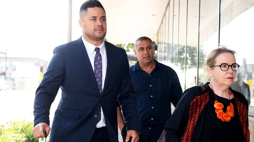 Jarryd Hayne, pictured here arriving to defend two charges of aggravated sexual assault.