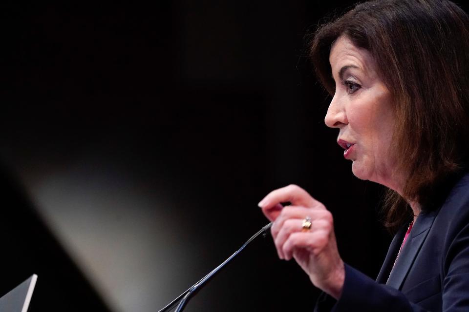 New York Gov. Kathy Hochul speaks during a ceremony to sign a legislative package to protect abortion rights in New York, Monday, June 13, 2022. New York has expanded legal protections for people seeking and providing abortions in the state under legislation signed by Gov. Hochul on Monday. (AP Photo/Mary Altaffer)