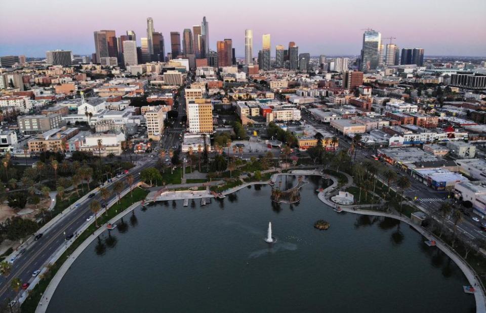 An aerial view of MacArthur Park and downtown Los Angeles in 2020.