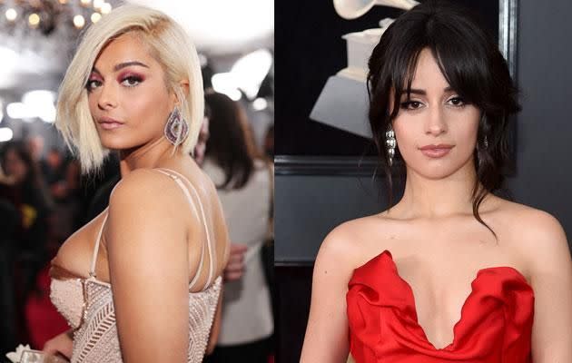 Fellow singers Camila Cabello and Bebe Rexha both had wardrobe failures on the red carpet. Source: Getty
