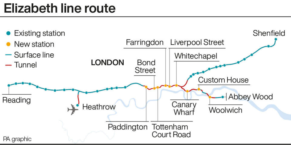 Elizabeth line route. See story TRANSPORT Elizabeth. Infographic PA Graphics. An editable version of this graphic is available if required. Please contact graphics@pamediagroup.com.