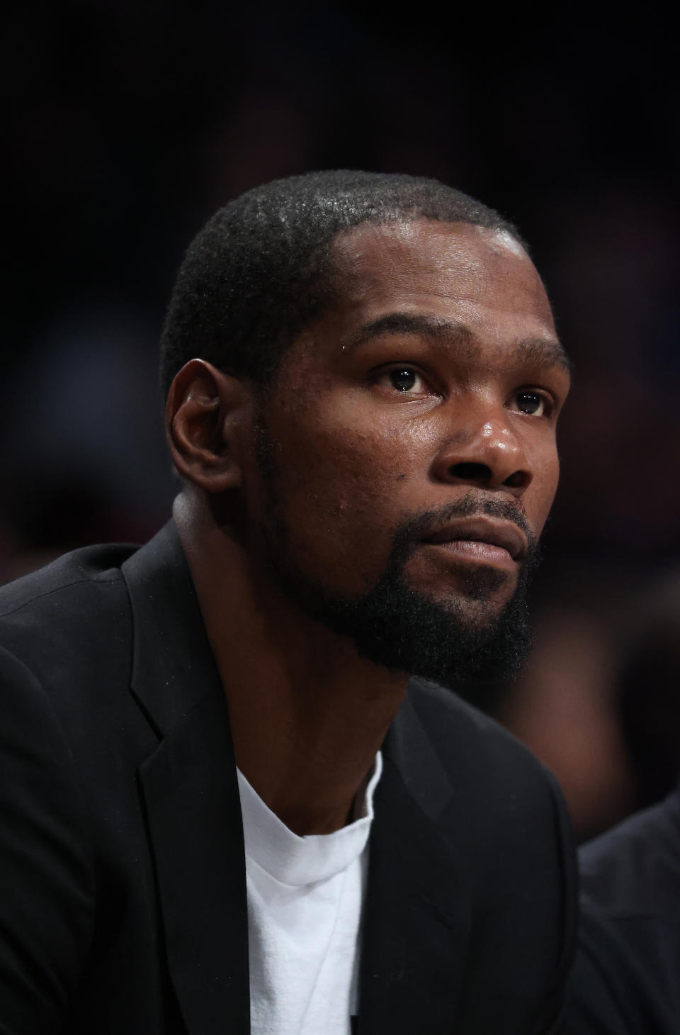 NEW YORK, NEW YORK - JANUARY 18: Kevin Durant #7 of the Brooklyn Nets looks on against the Milwaukee Bucks during their game at Barclays Center on January 18, 2020 in New York City. NOTE TO USER: User expressly acknowledges and agrees that, by downloading and/or using this photograph, user is consenting to the terms and conditions of the Getty Images License Agreement. (Photo by Al Bello/Getty Images)