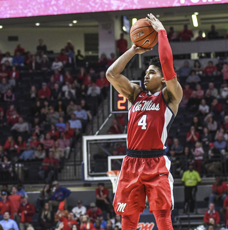 Mississippi guard Breein Tyree (4) shoots a three-point basket against LSU during an NCAA college basketball game in Oxford, Miss., Saturday, Jan. 18, 2020. (Bruce Newman/The Oxford Eagle via AP)